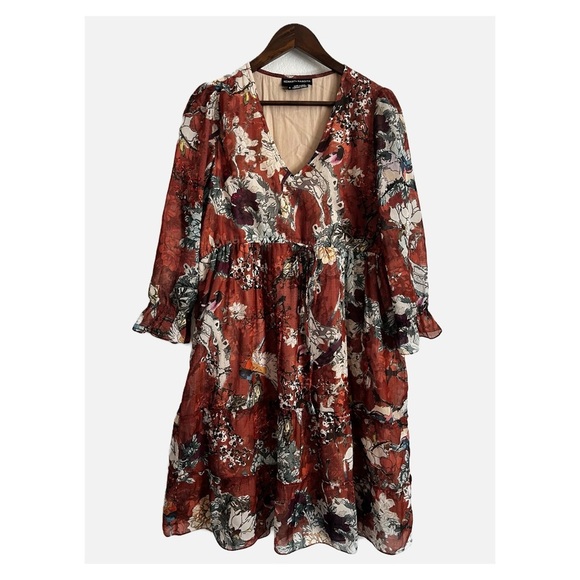 Hemant & Nandita Boho Floral Birds Tiered Zeri Midi Dress Terracotta Brown 8 - Picture 3 of 10